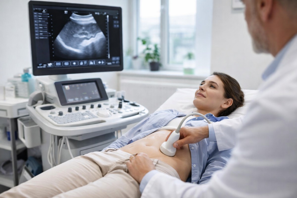 Kobieta leżąca w trakcie badania USG jamy brzusznej